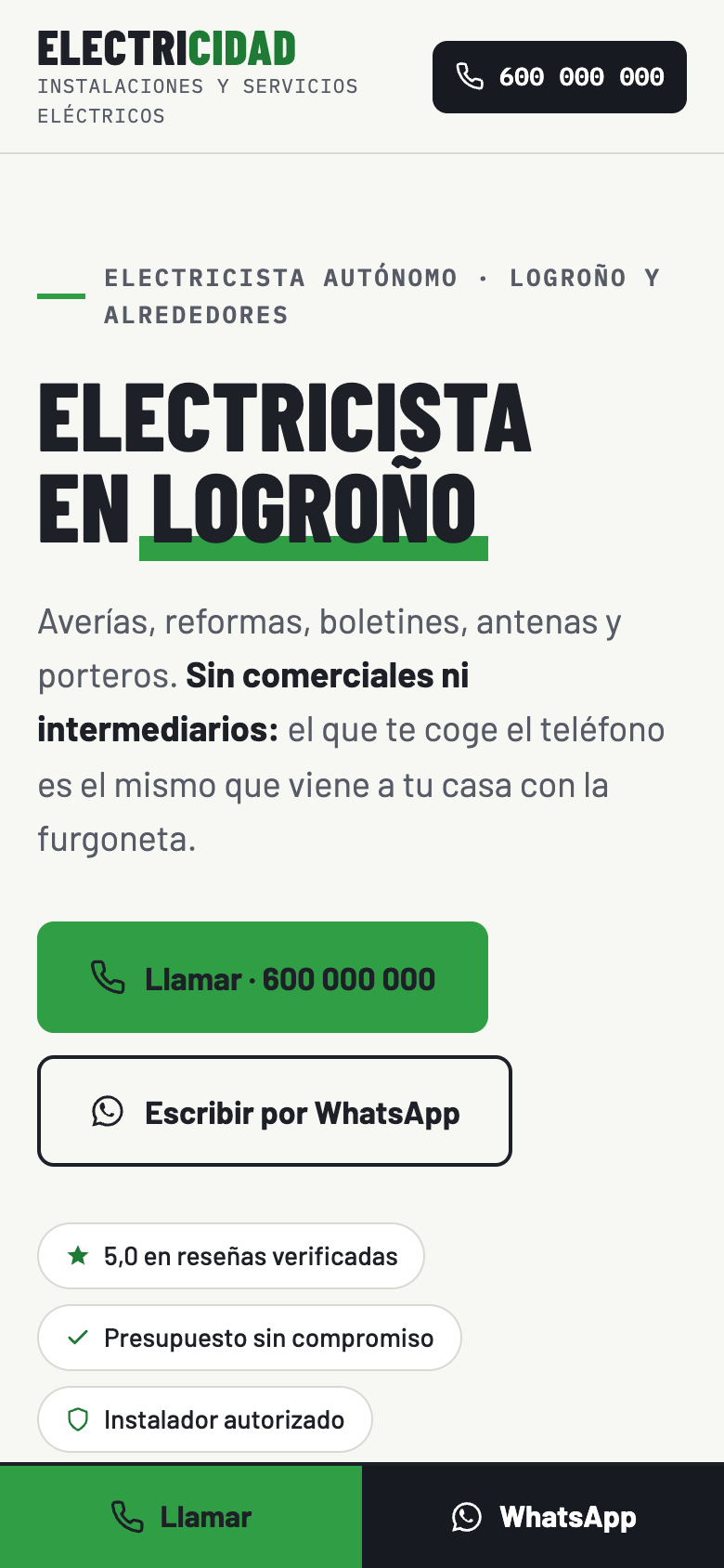 Primera pantalla del concepto de electricista en el móvil: «Electricista en Logroño» en negro con un subrayado verde y botones para llamar y escribir por WhatsApp.